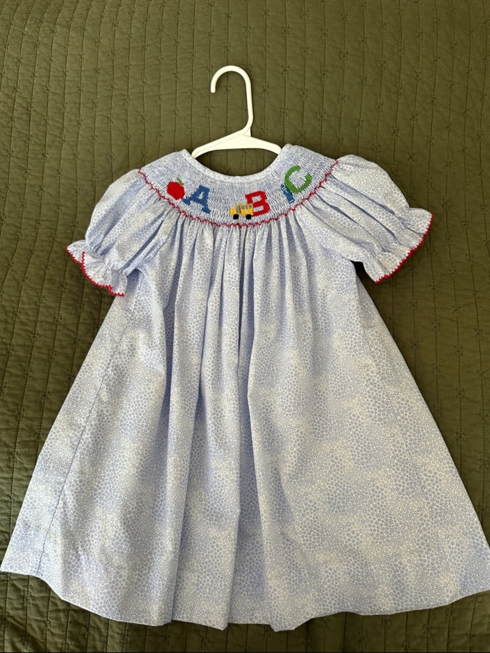 Light Blue Smocked ABC Puff-Sleeve Girls' Dress